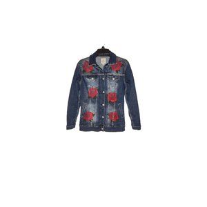 LuLaRoe Rodeo Western Cowgirlcore Jean Denim Jacket Embroidered Red Roses XS